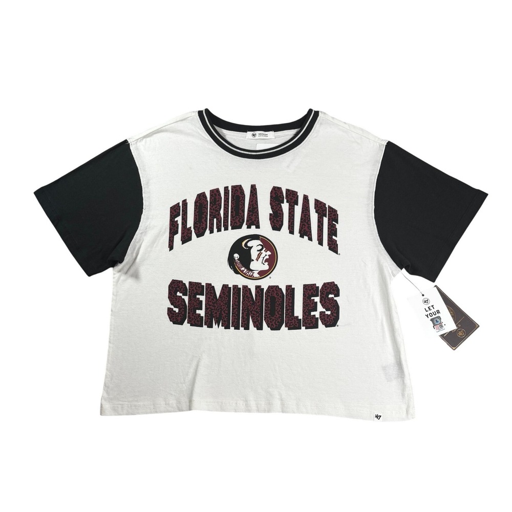 47 Brand Florida State Seminoles Leopard Print Crop Top Tee White Black Medium